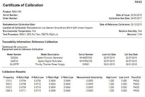 Radiodetection eCAL Calibration Certificate